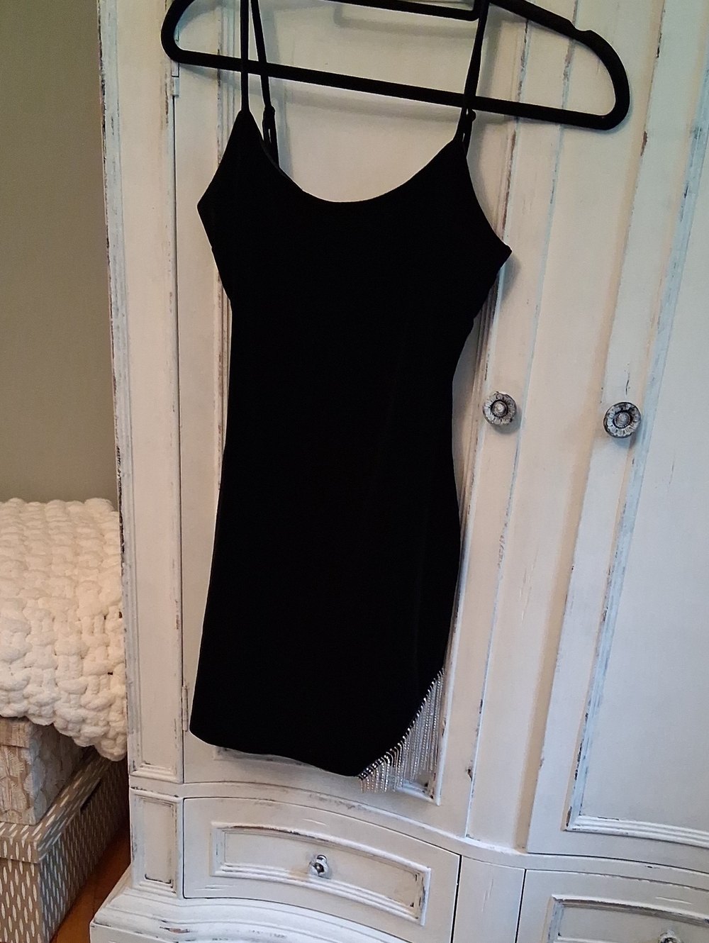 City Triangles Black Velvet Slip Dress with Silver Fringe